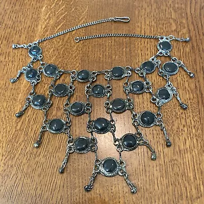 Antique Moroccan Challal Bib Necklace Silvertone Black Gems 57 • $49.99