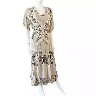 VINTAGE Jasmine By KVN NWT Tan Khaki Embroidered Floral Vest Maxi Dress 1X • $48