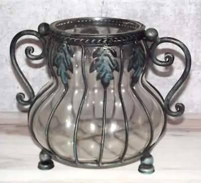 VTG Wrought Iron Caged Handblown Bubble Clear Glass Urn Planter Flower Pot Vase • $17.99