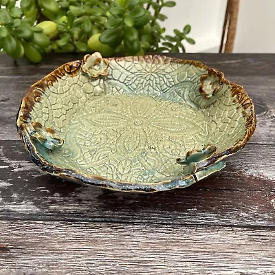 Studio Pottery Decorative Rustic Flower Ceramic Dish Handmade Olive Green • £14