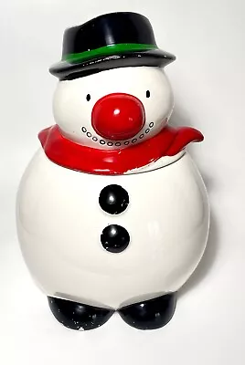 Snowman 2pc Cookie Jar MUSICAL -Lift Lid- 10.5 H 8 W - White Black & Red • $39.95