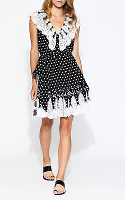 Miguelina Payton Lace Trim Polka Dot Mini Dress In Black/White Size XS • $150