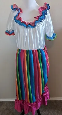 Senorita Spanish Dress Coco Rubies Costume White And Multicolored Dress Gypsy • $12.99