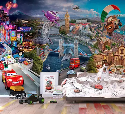 Kids Room Wall Mural Photo Wallpaper 141x100 Inch Disney Characters Cars World • £58.99