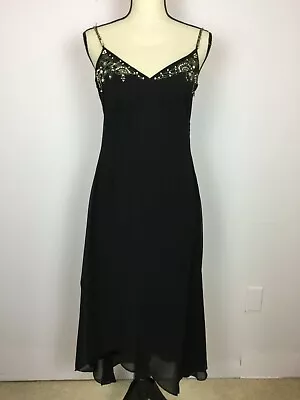 Eva Blue Midi Hi Low Dress 6 Womans Black Beaded Spaghetti Strap V-Neck Lined  • $19.99