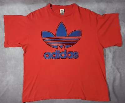 Vintage 80s Adidas Trefoil T Shirt Large Blue/Red Single Stitch Perfect Fade • $29