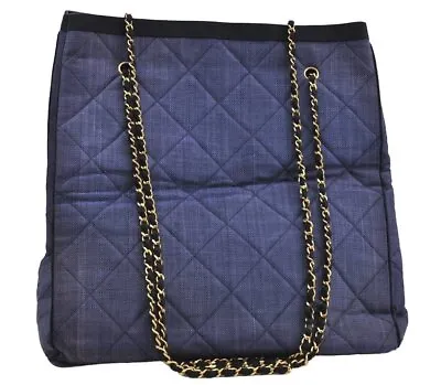 Authentic CHANEL Straw Matelasse Chain Shoulder Tote Bag Blue Purple CC K2016 • $0.99