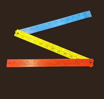 Vintage Woolworth’s Folding Wood Ruler Foldable Wooden Yardstick Red Blue Yellow • $11