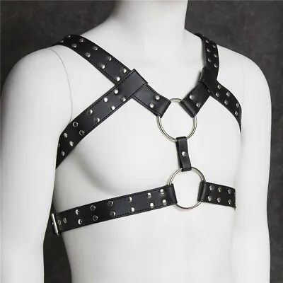 Men PU Leather Chest Harness Strap Suspender Belt Braces Adjustable Garter Male • £15.98