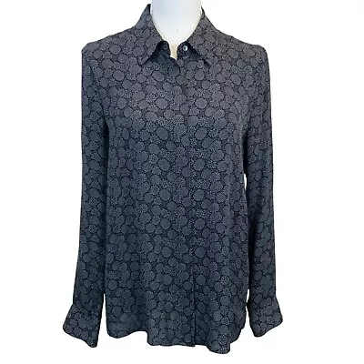 Vince Covered Placket Print Silk Shirt In Black Shark Gray Size 8 Academia • $54