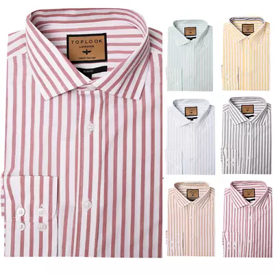 Mens Long Sleeve Formal Cotton Shirt Stripe Casual Top Slim Fit M-XXL (LSST23) • £10.53