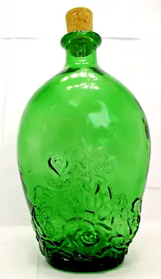 Glass Bottle Vase Emerald Green Cork Floral 8.5  Tall Liquor Juice Decorative • $12.45