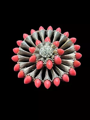 Vintage Unsigned Faux Coral Rhinestone 3D  Pin Brooch Miriam Haskell ? Statement • $30