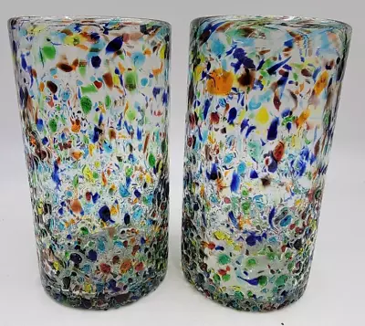 Hand Blown Mexican Drinking Glasses – Set Of  2 Confetti Rock Tumbler Glasses • $23