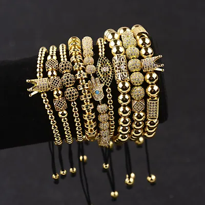 Luxury Men's Micro Pave CZ Ball Crown Charm Bracelet Copper Bead Bracelets Gift • $10.54