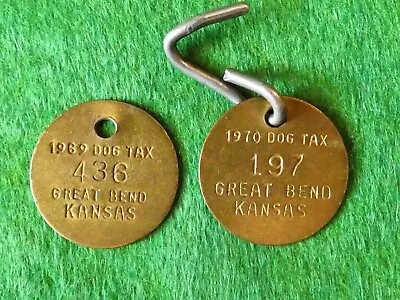 Lot 2 Vintage Brass Dog Tax Tags Great Bend Ks. 1969-70 • $9.95