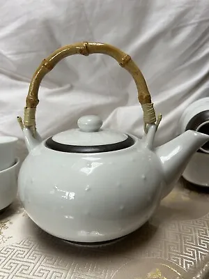 White Bamboo Handled Teapot/4 Teacups W/Bronze Accents (NWOB) • £33.74