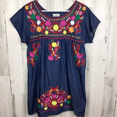 YZXDORWJ Womens Dress Blouse Blue Denim Floral Embroider Boho Mexican Huichol M • $24