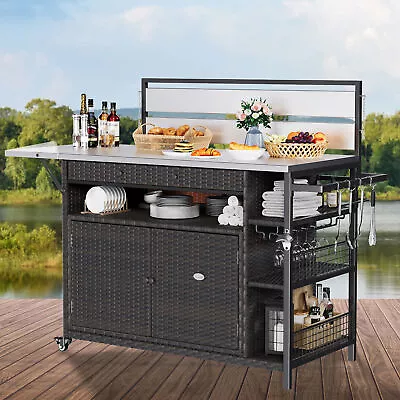 Outdoor Kitchen Wicker Island Rolling Cart & Storage Cabinet Bar Cart Table XL • $302.07