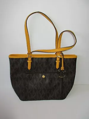 Michael Kors Jet Set Travel Top Zip Signature Monogram Tote Handbag Yellow Trim • $29.99