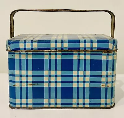 Vintage Blue Plaid Picnic Basket Bread Tin Lunch Pail • $65