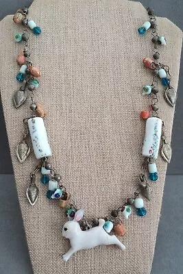 Vtg Mexican MILAGRO CHARM NECKLACE Glass Beads BASKETS Metal Dangles WOOD RABBIT • $82.46