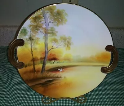 Antique Noritake Nippon Tree In Meadow 11  Handled Cake Plate Flying Goose Gold • $14.95