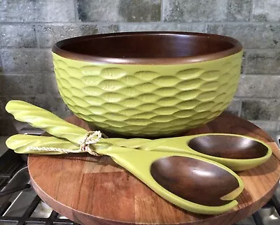 Enrico Honeycomb Style Mango & Acacia Wood Salad Serving Bowl Green 10.5” • $21.95