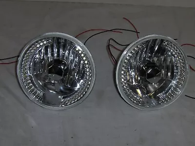  PAIR Street Rod 7  H4 Prism Headlights W/ LED Turn Signals Halo No Tri Bar • $38.95