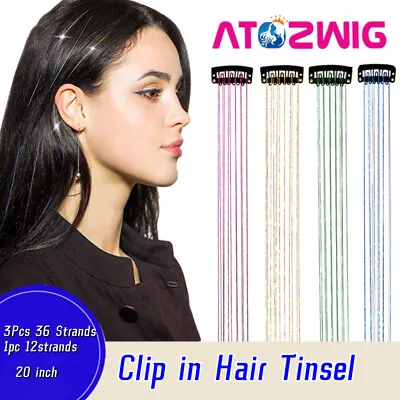3Pcs 36Strands Clip In Hair Tinsel Kit 20 Inch Glitter Tinsel Party Shiny Hair  • £3.59