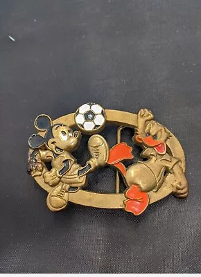 Baron Belt Buckle Vintage Disney Mickey Mouse Donald Duck Playing Soccer Brass • $17.96