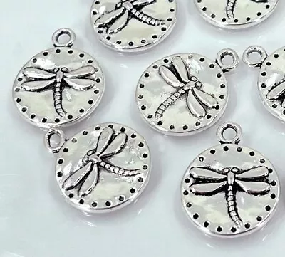 8 Dragonfly Raised Coin Charm Antique Silver Pewter Embossed Insect Pendant 15mm • $4.50