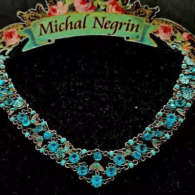 Michal Negrin Statement Wide V Necklace & Turquoise Swarovski Crystals Signed • $103.20