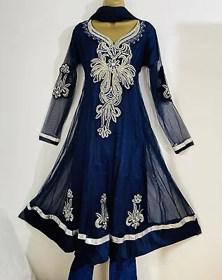 Anarkali Readymade Ladies Indian Pakistani Long Blue & Gold Dress Size 42 (L) • £24.99
