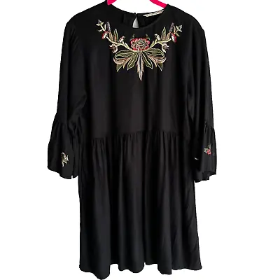 ZARA Basic Collection Black Floral Embroidered Flared Sleeve Boho Ladies DressL • $28