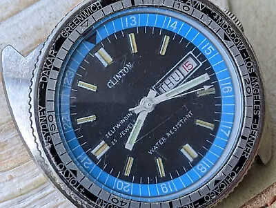 Vintage 1970's Clinton World Time 20 ATM All SS Diver W/Pristine DialPatina • $175