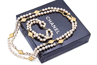 Vintage Chanel Gold Plated Faux Pearl Necklace & Bracelet Set With Box • $995