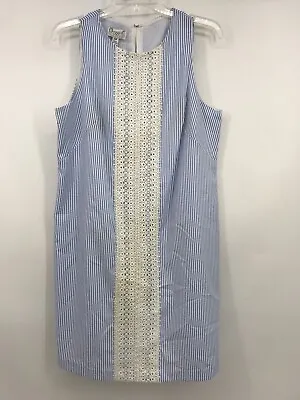 Maggy L Sleeveless Blue&White Stripe Shift Dress W/Lace Detail Petite Sz 14P EUC • $16.74