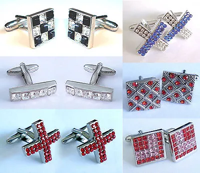 £2.99 • Buy Silver Tone Pair Cufflinks Various Styles Red Blue Black Clear Diamante Crystal 