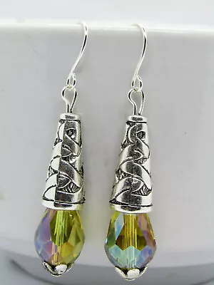 Yellow AB Teardrop Crystal Decorative Cone Silver Dangle Earrings USA MADE • $13.49