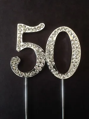 50th Birthday Silver Diamante Cake Topper Decoration Fifty 50 Th Anniversary Uk • £6.79