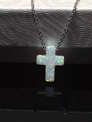 White Opal Cross Necklace 925 Sterling Silver Pendant 12mm/0.47  17.75 Simulated • $24.99