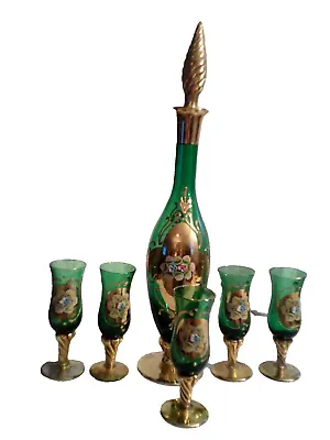 Vintage Hand Painted 14k Gold And Green Decanter Set Includes Five Glasses • $101.16