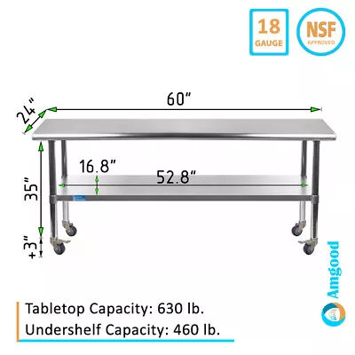 24  X 60  Stainless Steel Table With Wheels NSF Prep Metal Work Table Casters () • $304.95