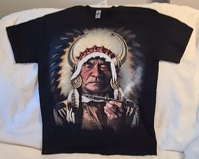 Indian Chief Peace Pipe Smoking Native American Feathers T-shirt Shirt • $11.37