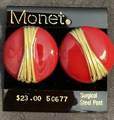 Vintage Monet Gold Tone Red Enamel Pierced Oversized Earrings • $12.29