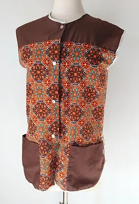 Vintage 70s Small Brown Floral House Smock Apron Pockets Snap Button Front  • $24.90