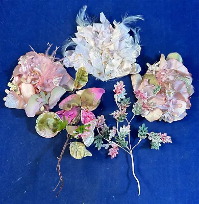 Vintage Pink Pastel Silk Feather Flower Appliques Velvet Leaf Dress Hat Trim Lot • $26.99