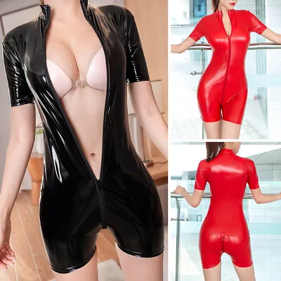 Women Wet Look PVC Leather Bodysuit Zipper Open Crotch Jumpsuit Lingerie Catsuit • £20.51