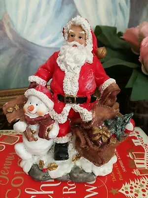 Vintage Father Christmas Ornament Figurine With Snowman And Presents • £8